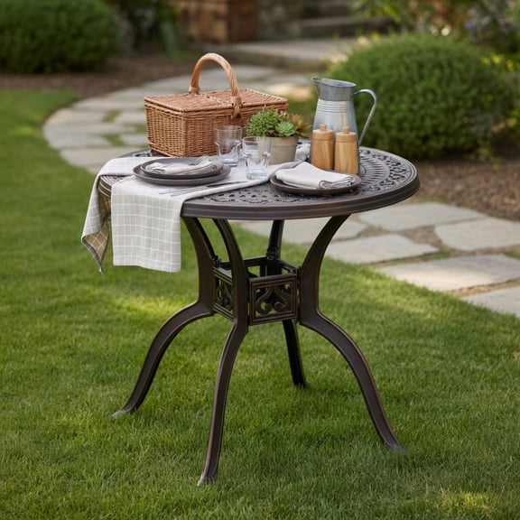 Resenkos 31.5" Cast Aluminum Table Patio Round Dining Table with Umbrella Hole-Copper Slatted Outdoor Coffee Table for Outside Patio Storage