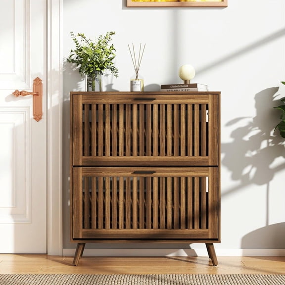 Resenkos 31.5-foot Modern Shoe Cabinet with Louvered Doors, Large Capacity Storage, Movable Partitions, Walnut Woodgrain Finish