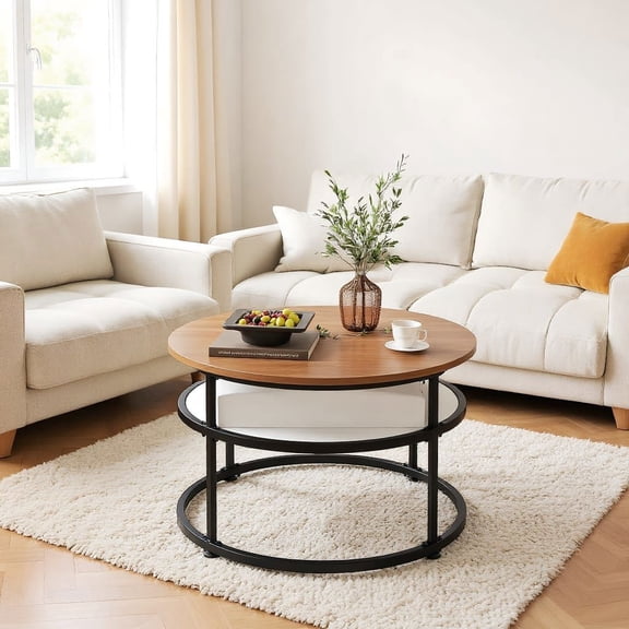 Resenkos 31.5 Inch Round Lift Top Coffee Table, Hidden Compartment Side Shelf Table for Living Room, Teak