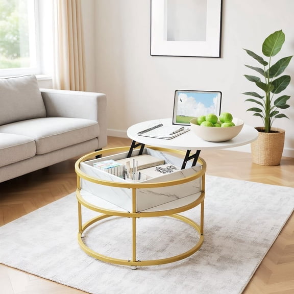 Resenkos 31.5 Inch Round Lift Top Coffee Table, Hidden Compartment Side Shelf Table for Living Room, White