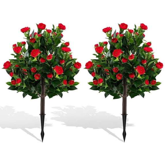 Resenkos 31-Inch Artificial Camellia Tree Set of 2 with Red Flowers - Green/Red
