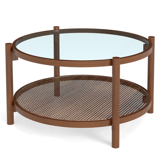 Resenkos 31-inch 2-Tier Round Cocktail Table with Tempered Glass Top, Cherry Finish