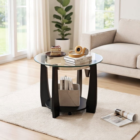 Resenkos 32 Inch 2-Tier Glass Round Coffee Table with Storage Shelf, Modern Sofa Table with Wheels for Living Room, Black