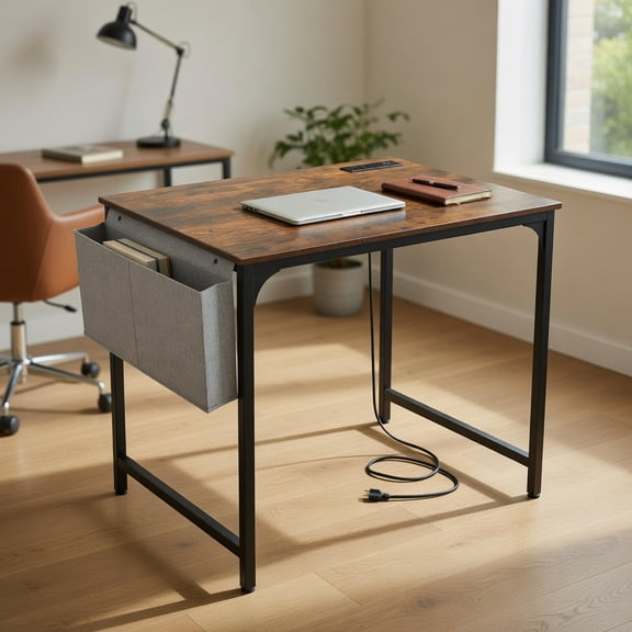 Resenkos 32 Inch Home Office Desk with Charging Station Storage Bag and Headphone Hook-Rustic Brown, Home Office Desks, Gaming Computer Desks for Study,Working,Writing
