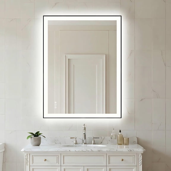 Resenkos 32x24 Inch Rectangle LED Bathroom Mirror - Modern Black Frame with Bright Lighting, Perfect for Grooming & Vanity Use, Black