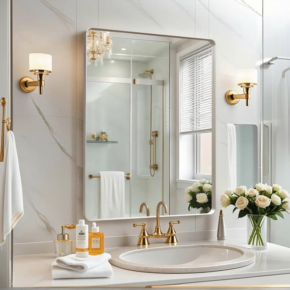 Resenkos 32x24 Inch Rectangle Wall Mirror - Rounded Corners & Sleek Silver Metal Frame, Timeless Decor for Living Room & Bedroom, Silver