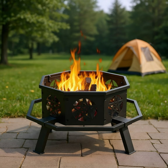 Resenkos 35-inch Outdoor Firepit with Black Finish, Durable Steel Construction, Real Wood-burning Experience, Weather-resistant Coating，Black