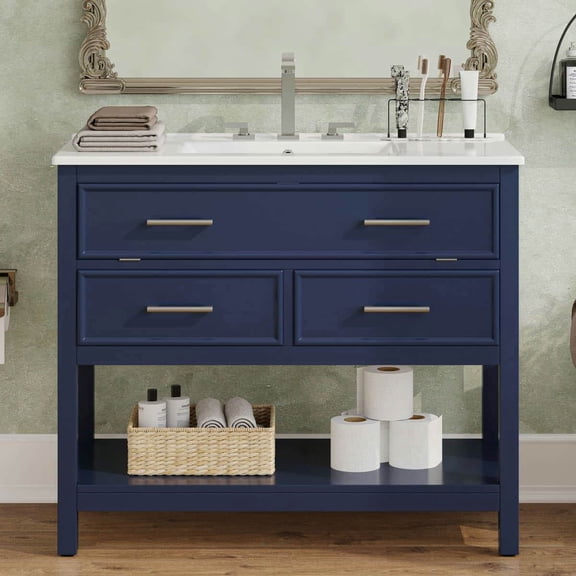 Resenkos 36" Bathroom Vanity with Ceramic Sink, Tip-Out Tray, 2 Full-Extension Drawers, Silver Pulls, Soft Close Slides, 1 Bottom Open Shelf - Blue