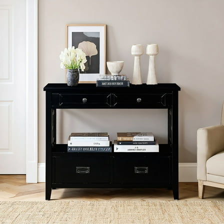 Resenkos 36'' Farmhouse Pine Wood Console Table Entry Sofa Table with 4 Drawers & 1 Storage Shelf for Entryway Living Room, Black