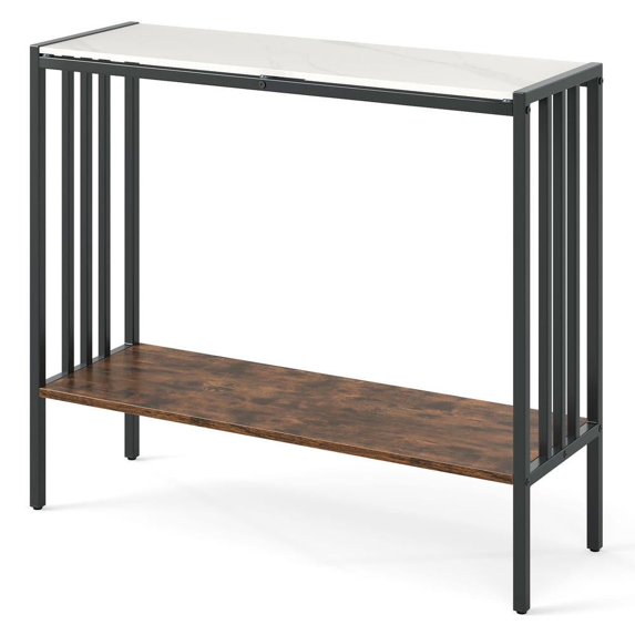 Resenkos 36-Inch 2-Tier Industrial Console Table - Sturdy Sintered Stone Top, Stylish Accent Piece, White + Rustic Brown + Black