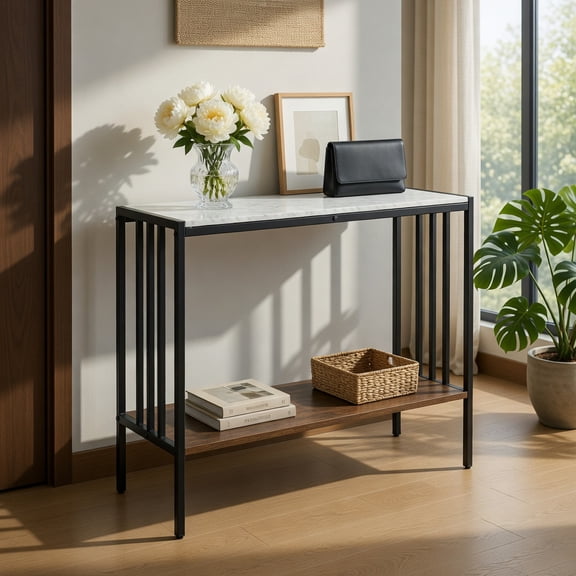 Resenkos 36-Inch 2-Tier Industrial Console Table - Sturdy Sintered Stone Top, Stylish Accent Piece, White + Rustic Brown + Black