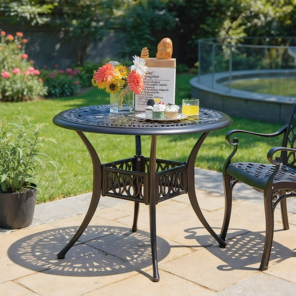 Resenkos 36 Inch Patio Round Dining Bistro Table with Umbrella Hole-Brown, Slatted Outdoor Coffee Table for Outside Patio Storage