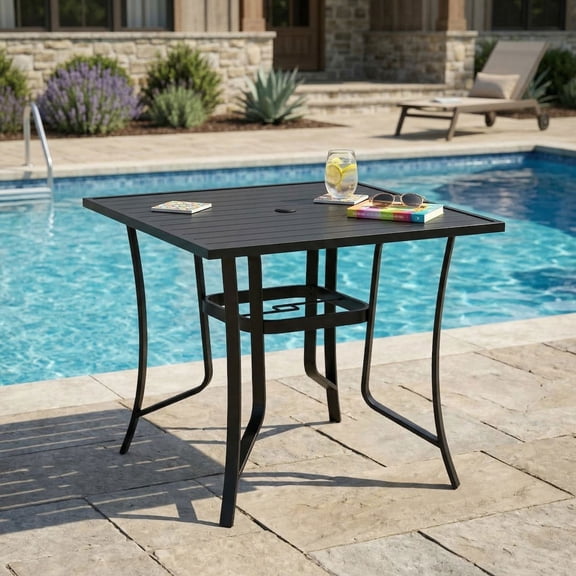 Resenkos 36 Inch Square Metal Outdoor Dining Table, 4-Seat Design with Built-In Parasol Opening & Non-Slip Feet for Garden, Terrace, Black