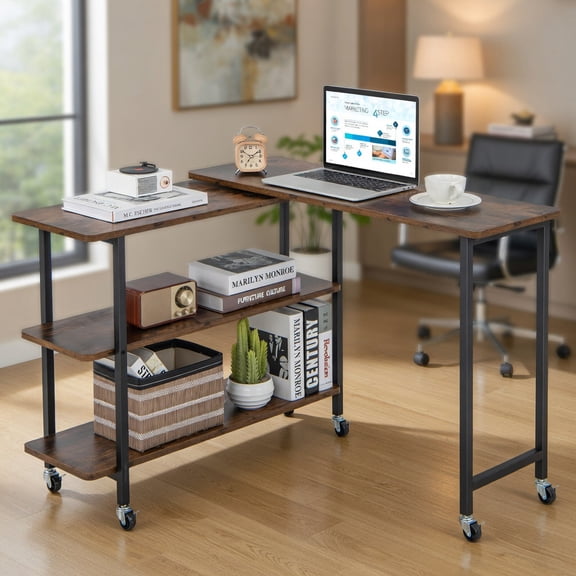 Resenkos 360 Rotating Sofa Side Table with 2-Tier Storage Shelves-Rustic Brown, Home Office Desks, Gaming Computer Desks for Study,Working,Writing