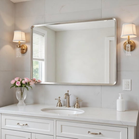 Resenkose 36x24 Inch Large Rectangle Wall Mirror with Rounded Corners and Silver Frame - Silver