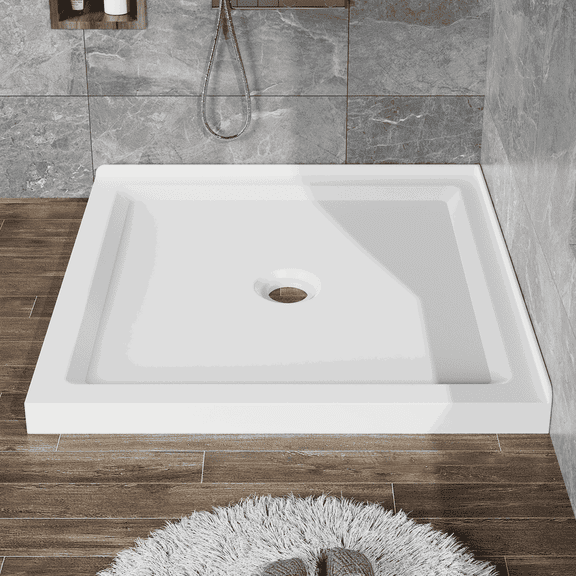 Resenkos 36x36 Inch Double Threshold Shower Base, 3.3" Height Anti-Slip Acrylic Pan with Center Drain - White