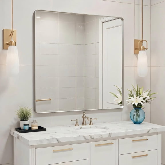 Resenkos 36x36 Inch Square Wall Mirror - Rounded Corners & Sturdy Silver Metal Frame, Versatile Decor for Bedroom & Hallway, Silver