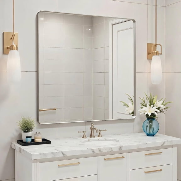 Resenkose 36x36 Inch Square Wall Mirror with Rounded Corners and Silver Metal Frame - Silver