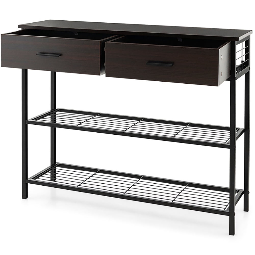 Resenkos 39.5 Inch Entryway Table with 2 Drawers and 2-Tier Shelves-Dark Brown, Narrow Console Table, Entryway Hall Table with Shelves for Foyer & Entry Spaces