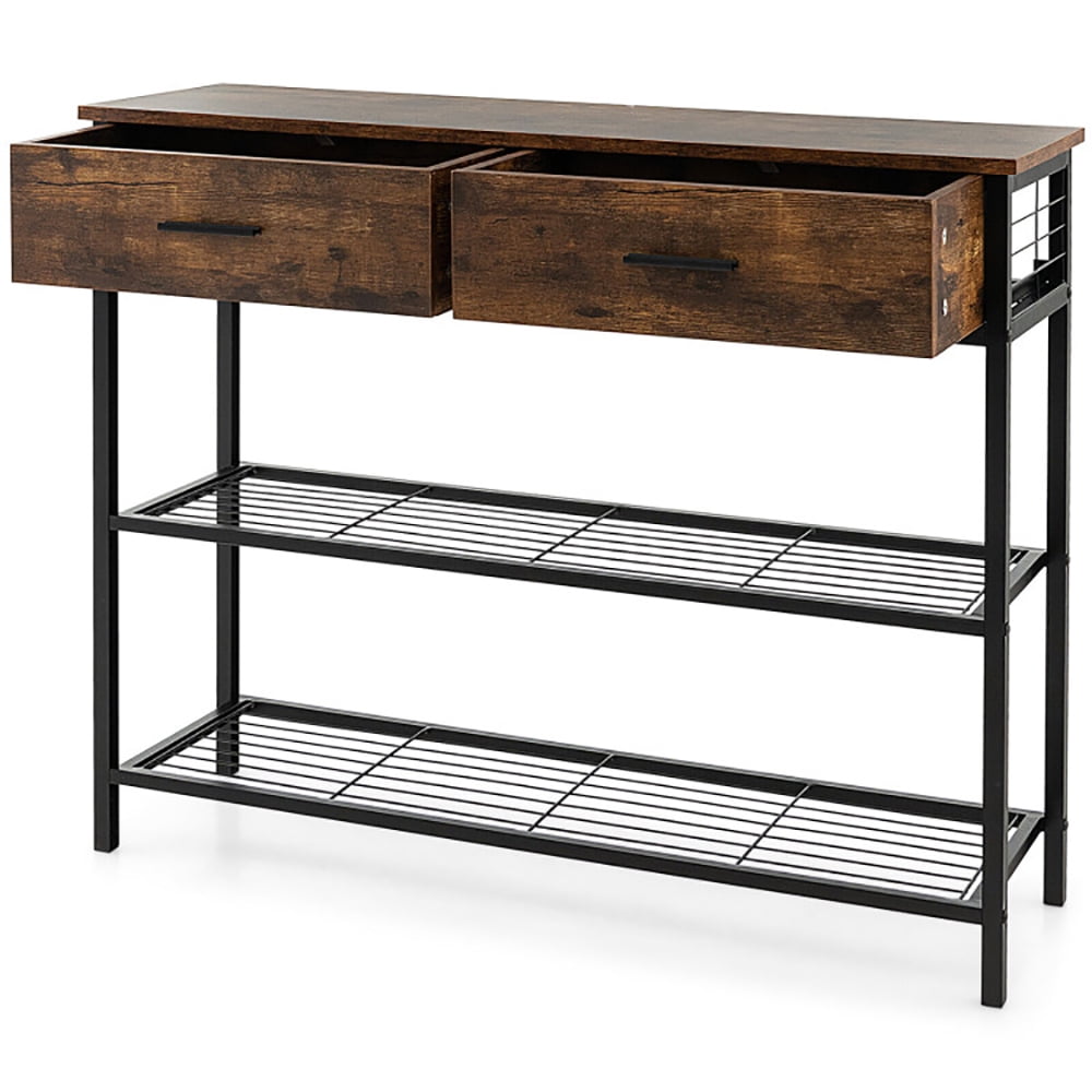 Resenkos 39.5 Inch Entryway Table with 2 Drawers and 2-Tier Shelves-Rustic Brown, Narrow Console Table, Entryway Hall Table with Shelves for Foyer & Entry Spaces