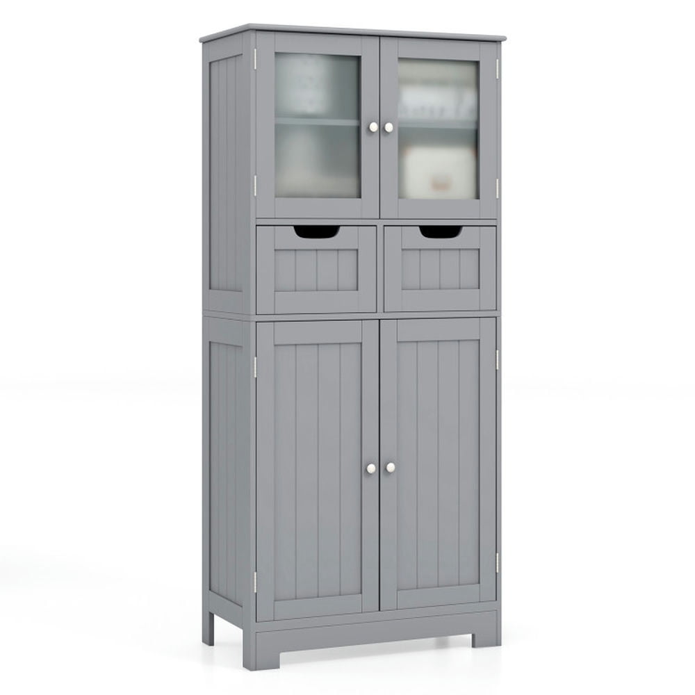Resenkos 4 Door Freee-Standing Bathroom Cabinet with 2 Drawers and Glass Doors-Gray, Bathroom Cabinets for Entryway Storage, Home Office Furniture