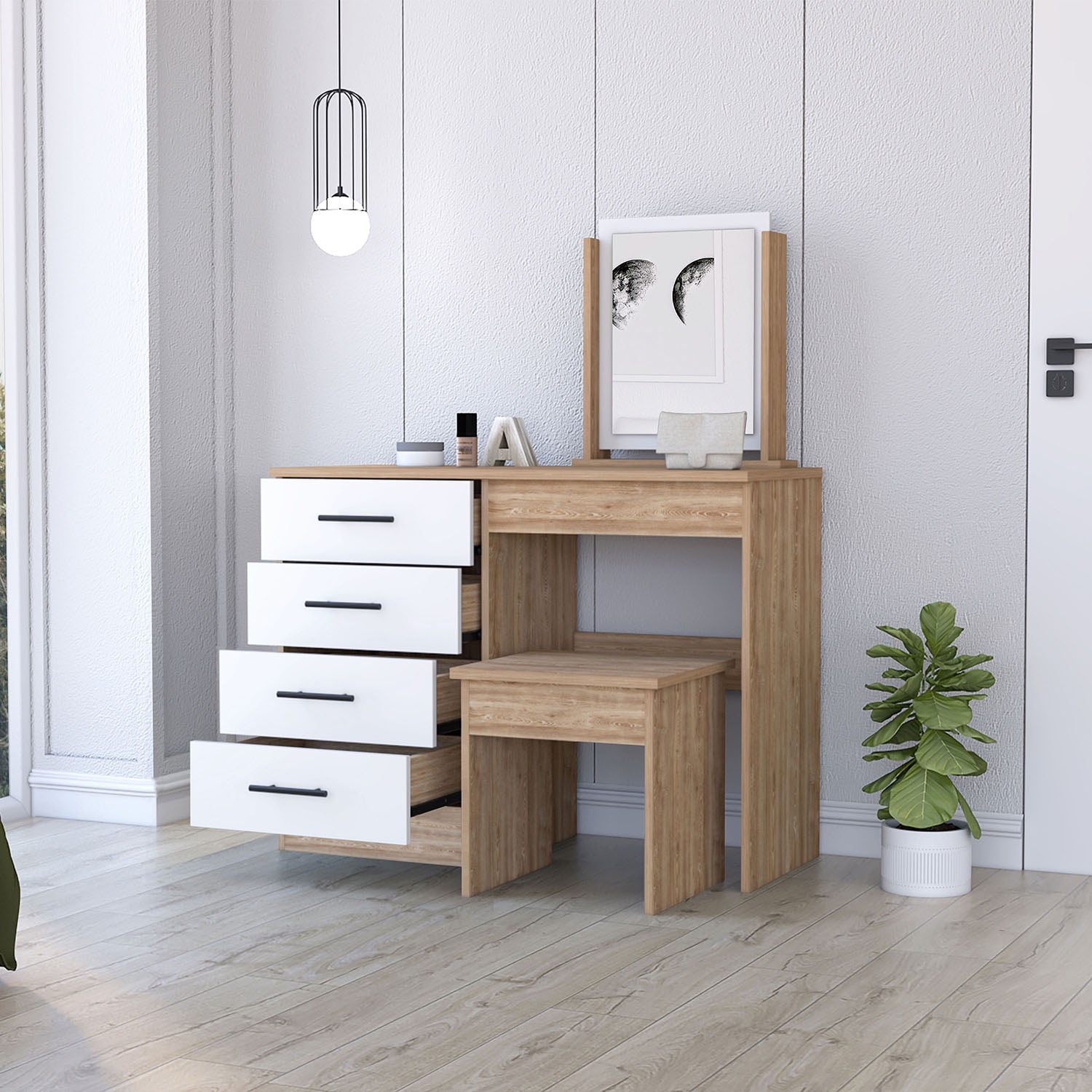 Resenkos 4-Drawer Makeup Dressing Table, Makeup Vanity Set with Stool, White