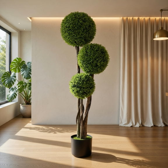 Resenkos 4 FT Artificial Boxwood Topiary Ball Tree in Weighted Pot with Triple Ball