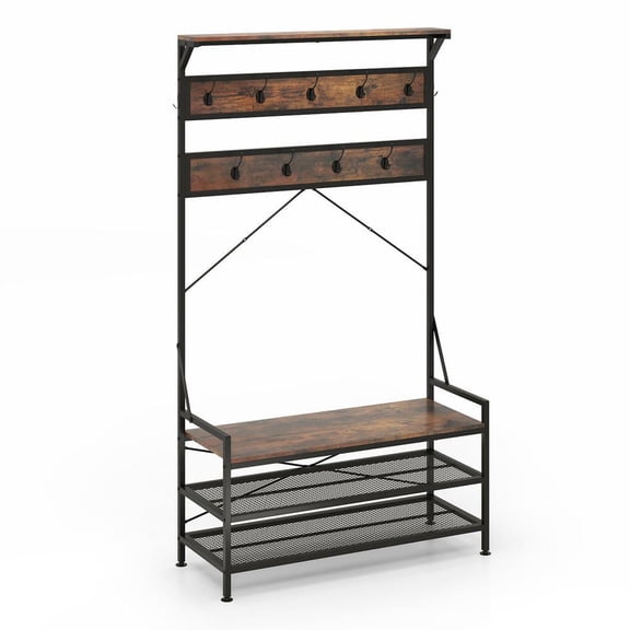 Resenkos 4-In-1 Hall Tree Coat Rack with 11 Hanging Hooks & Shoe Bench, Rustic Brown