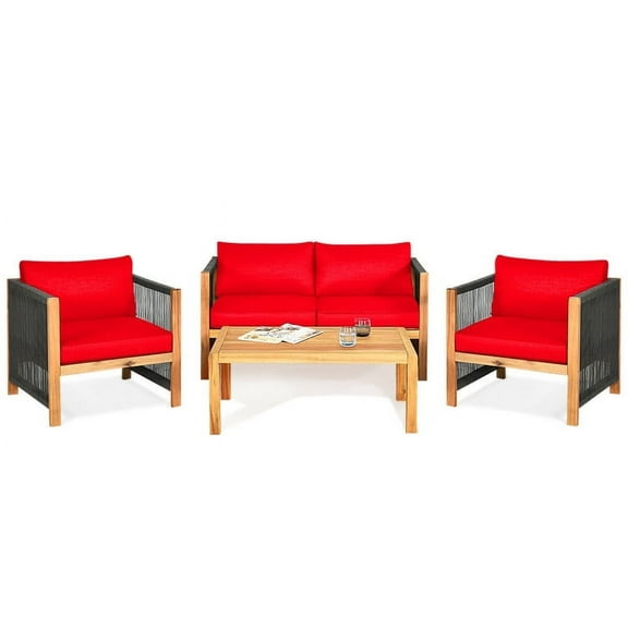 Resenkos 4 Outdoor Acacia Wood patio conversation sets Sunroom Furniture Indoor Sectional Garden Seating Groups Chat Set with Cushions-Red