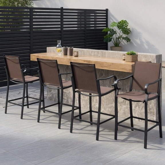 Resenkos 4-Pack Outdoor Counter Height Bar Stools Breathable Mesh Fabric, 25.5" Seat Height, Heavy-Duty Metal Frame, Fade-Resistant & Quick-Drying, Brown & Black