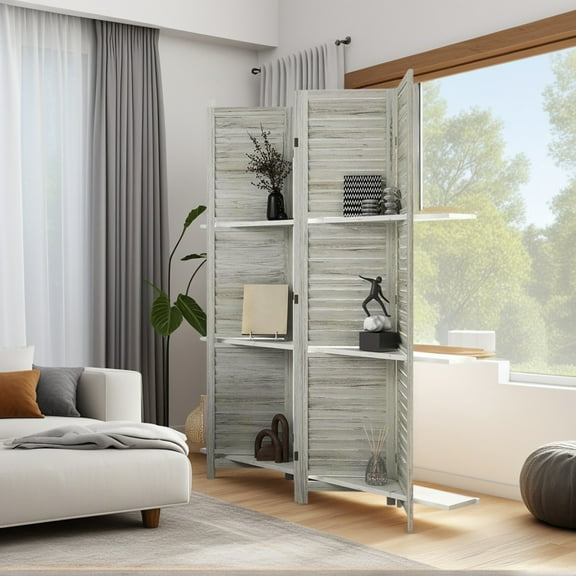 Resenkos 4-Panel 67" Tall Wood Privacy Screen Room Divider - 3 Shelves, Folding Storage for Bedroom, Distressed White