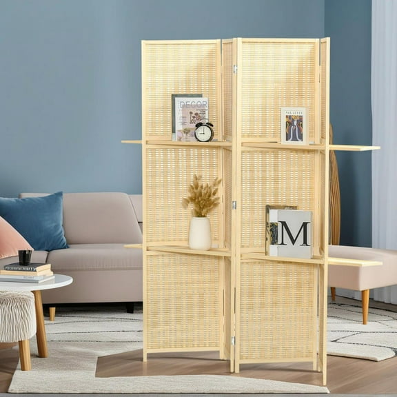 Resenkos 4-Panel Folding Room Divider - 6Ft Freestanding Bamboo Privacy Screen with Storage Shelves, for Bedroom/Office, Natural Wood Color