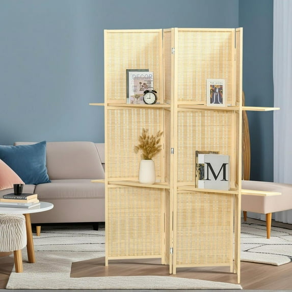 Resenkos 4-Panel Folding Room Divider - 6Ft Freestanding Bamboo Privacy Screen with Storage Shelves, for Bedroom/Office, Natural Wood Color