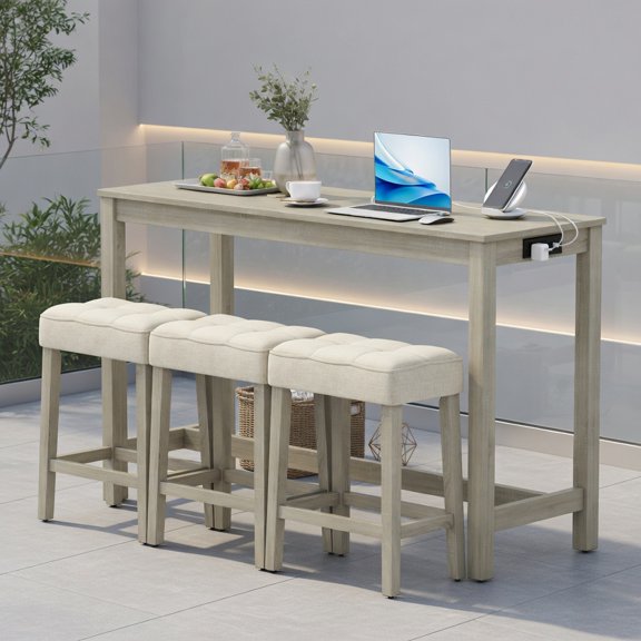 Resenkos 4-Piece Counter Height Breakfast Nook Set Gray & Beige Bar Table with 3 Upholstered Stools, Built-in Charging Station (2 AC Outlets + 2 USB Ports), Rubber Wood Construction