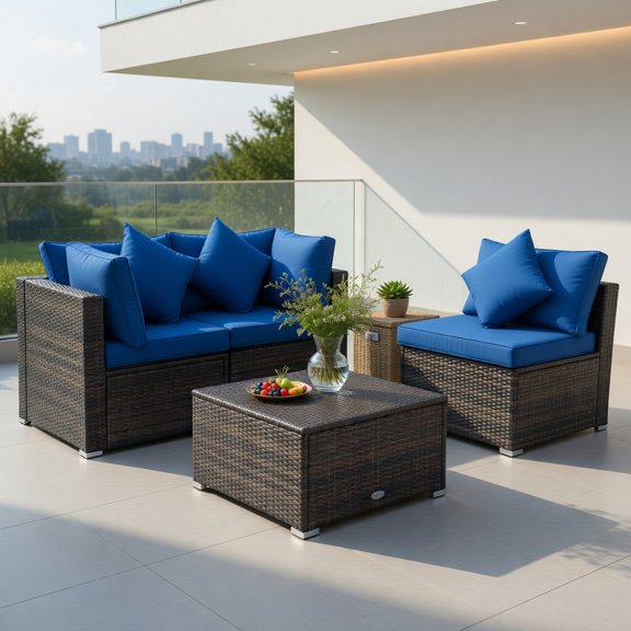 Resenkos 4-Piece Navy Outdoor Patio Rattan Sofa Set with Cushions L-Shaped Wicker Corner Sectional, Ottoman, Armless Chair & Weather-Resistant PE Rattan Furniture for Deck, Poolside & Backyard