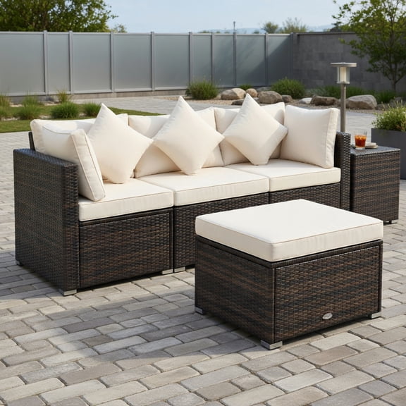 Resenkos 4-Piece Outdoor Patio Rattan Sofa Set with Cushions L-Shaped Wicker Corner Sectional, Ottoman & Armless Sofa in White, Black, Red, Turquoise, Navy