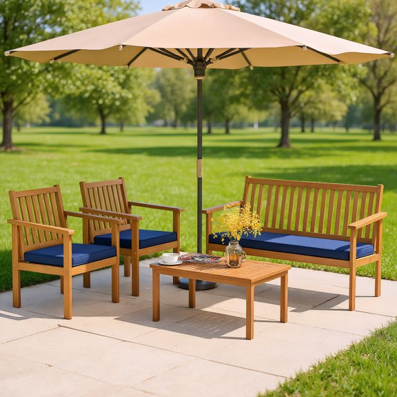 Resenkos 4 Piece Patio Wood Furniture Set Acacia Wood Sofa Set, Small Patio Conversation Furniture Set with Loveseat-Off Navy