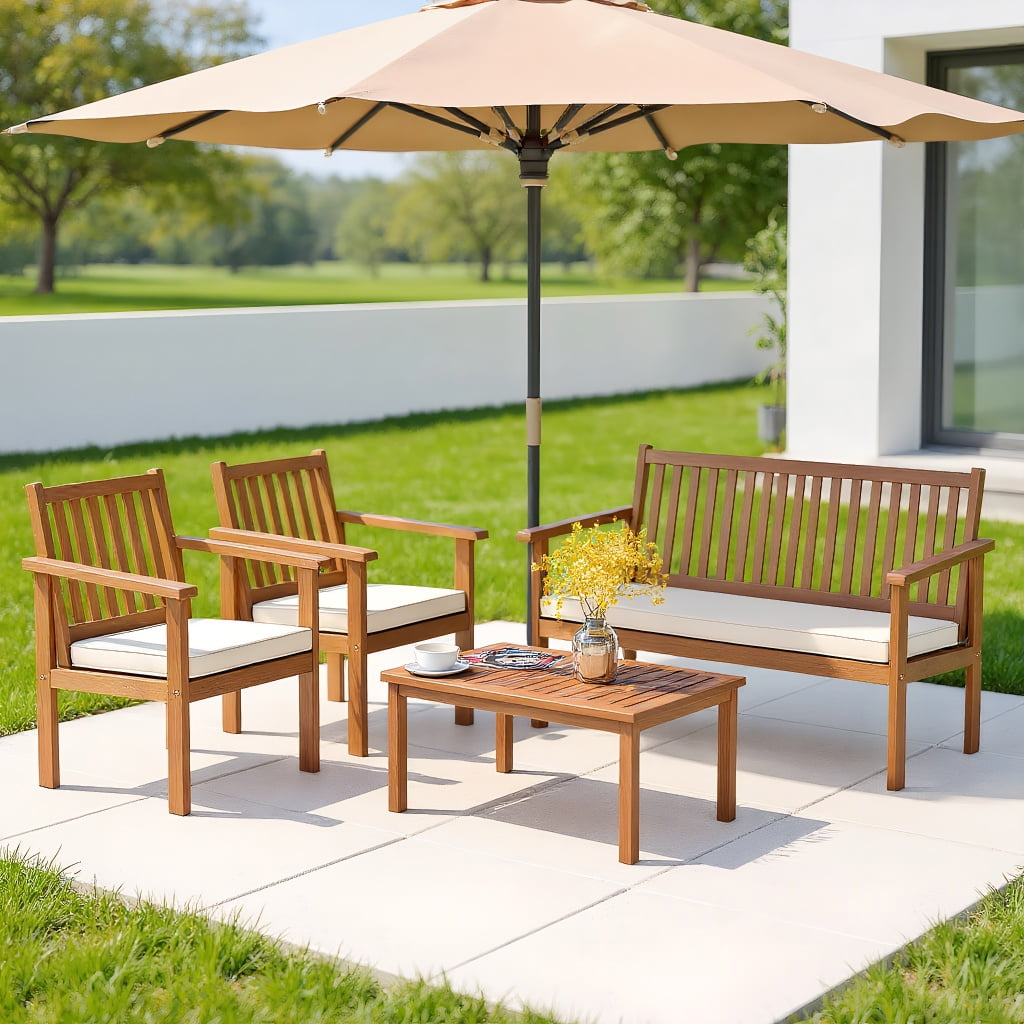 Resenkos 4 Piece Patio Wood Furniture Set Acacia Wood Sofa Set, Small Patio Conversation Furniture Set with Loveseat-Off White