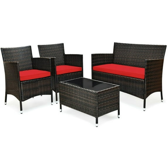 Resenkos 4 Pieces Comfortable Outdoor Rattan Sofa Set, Outdoor Furniture Garden Conversation Sets with Glass Coffee Table-Turquoise