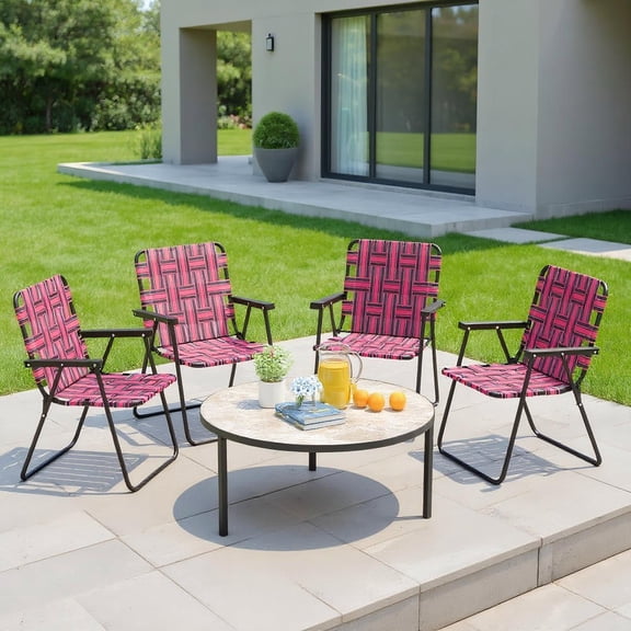 Resenkos 4 Pieces Folding Beach Chair Camping Lawn Webbing Chair-Red, Patio Lawn Webbed Folding Chairs, Outdoor Beach Portable Camping Chair for Yard, Garden Dining