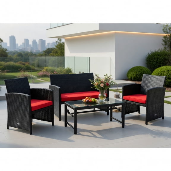 Resenkos 4 Pieces Outdoor Rattan Furniture Set, Wicker Furniture Sets, Patio Conversation Sets with Coffee Table Cushioned Sofa-Navy