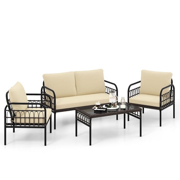 Resenkos 4 Pieces Outdoor Wicker Conversation Bistro Set, Small Patio Conversation Furniture Set with Soft Cushions and Tempered Glass Coffee Table-Beige