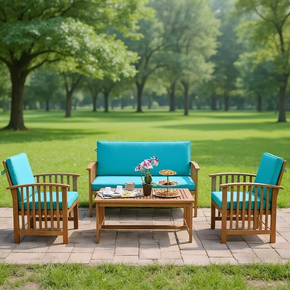 Resenkos 4 Pieces Patio Solid Wood Furniture Set with Includes Coffee Table and Ottoman, Outdoor Patio Furniture Set with Solid Wood Frame and Comfortable Washable Cushions, Blue