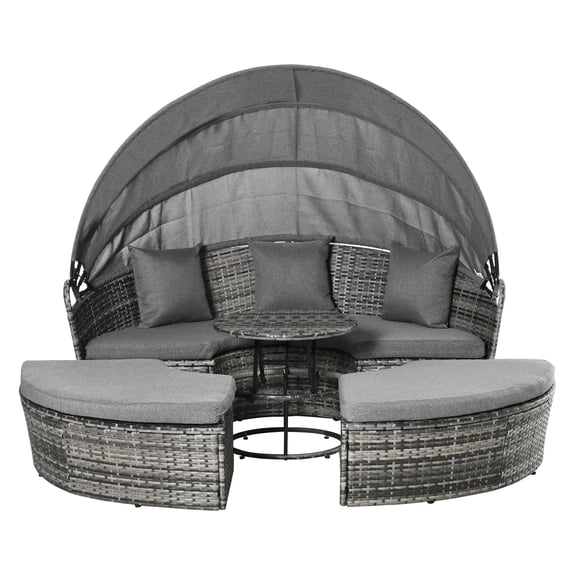 Resenkos 4 Pieces Round Rattan Daybed Furniture Set, Outdoor Sectional Furniture, Non-slip,Polyethylene Rattan, Gray