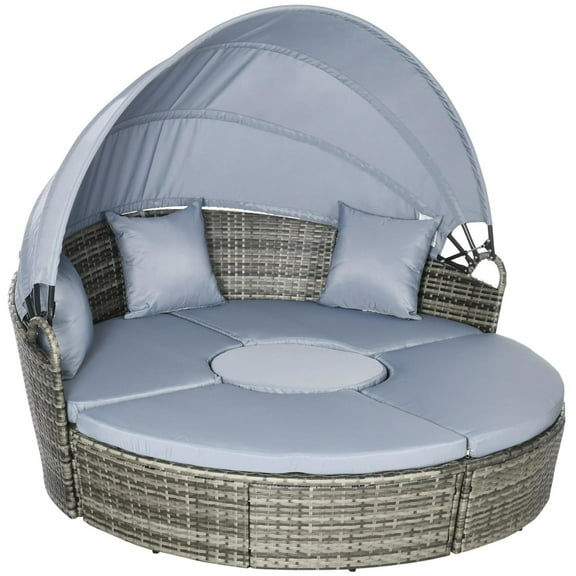 Resenkos 4 Pieces Round Rattan Daybed, Outdoor Sectional Furniture, Polyethylene Rattan, Light Gray
