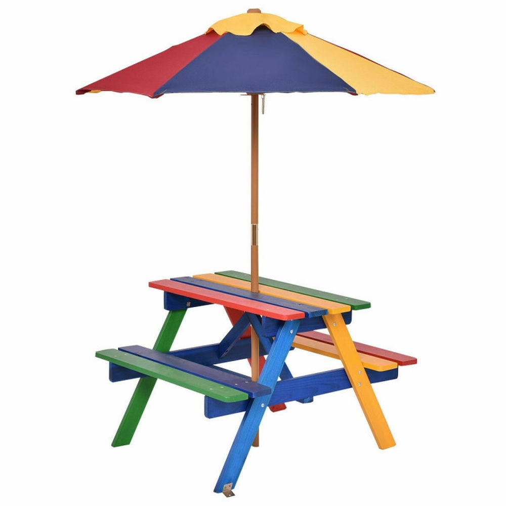 Resenkos 4 Seat Kids Picnic Table with Umbrella-Multicolor, Small Folding Table for Arts & Crafts, Snack Time, Homeschooling, Homework