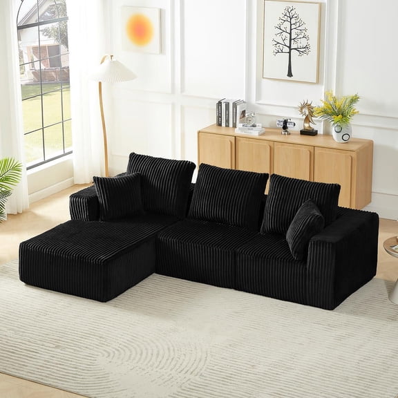 Resenkos Modular Sectional Sofa, Modern Corduroy Cloud Couch with Deep Seat, Upholstered 4-Seater Sofa for Living Room, Right side, Black