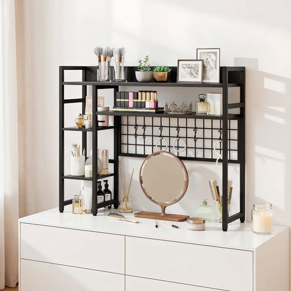 Resenkos 4-Tier Desk Shelf Desktop Display Rack with Metal Grid Panel and 6 Hooks, Space Saving Organizer for Home, Office, Black