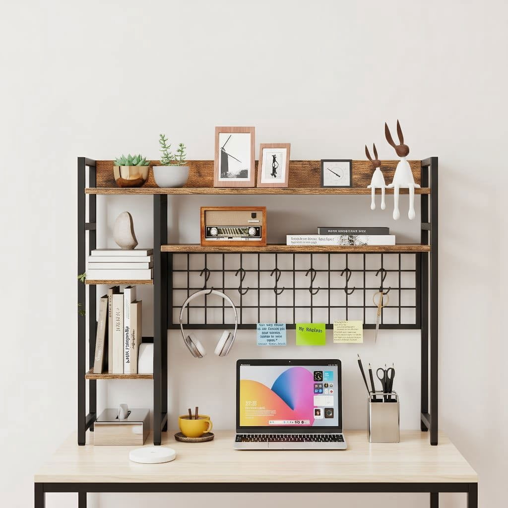 Resenkos 4-Tier Desk Shelf Desktop Display Rack with Metal Grid Panel ...