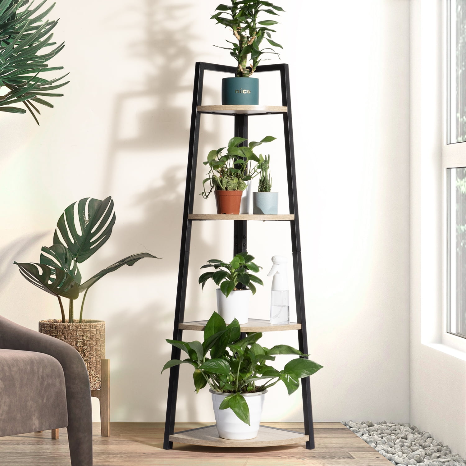 Triangular Storage Rack Resenkos 4-Tier Oak & Black Ladder Corner Shelf, Display & Storage Rack ...